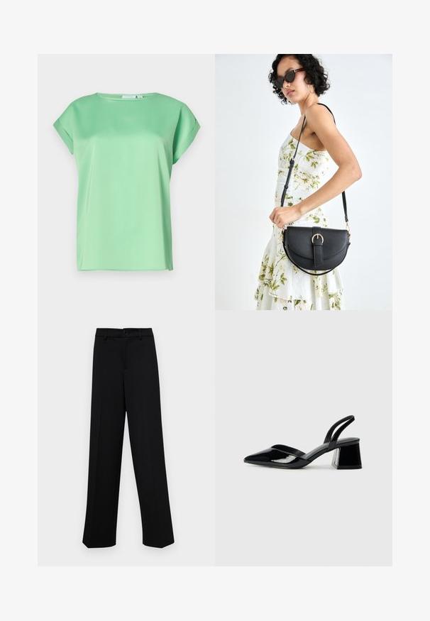 Mēteņu zaļas krāsu īsām piedurknēm blūze ar apaļu kakla izgriezumu un gludu, vieglu audumu. Ievērojama brīva piegriezuma un vieglas sānu iegriezumi.; Melnas platajās bikses, kas izgatavotas no gludas auduma, ar klasisku jostu un pogu aizdari, kā arī priekšējām kroku detalizācijām.; Melna lakota āda ar atvērto papēdi, ar smailu purngalu un ģeometrisku blokpapēdi. Iezīmējas elegants, minimāls dizains un gluda tekstūra.; Melnas ādas rokassoma ar izliekta formu, noņemamu siksnu un zelta aksesuāriem. Somai ir vāciņš ar sprādzes detaļu.