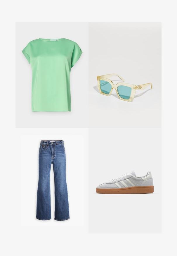 Blusa de manga curta verde menta com decote redondo e tecido leve e suave. Apresenta um corte largo e fendas laterais discretas.; Jeans de denim azul de cintura alta com um design de perna larga, apresentando um bolso frontal, fecho de botão de latão e costura em contraste.; Sapatilha de camurça cinza claro com acabamentos em pele branca, três riscas brancas e sola de borracha castanha, apresentando um colarinho almofadado para conforto.; Óculos de sol amarelos transparentes com lentes teal, em forma quadrada, e um design distinto das hastes anguladas com detalhes gravados.