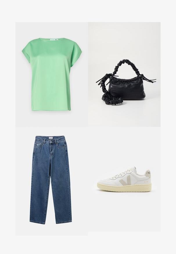 Menta zöld, rövid ujjú blúz kerek nyakkivágással és sima, könnyű anyagból. Laza fazonja és diszkrét oldalsó hasítékai vannak.; Klasszikus kék farmernadrág egyenes szárú dizájnal, öt zsebbel és gombos zárással. Közepes mosású és strapabíró textúrával rendelkezik.; Fehér bőr sneaker bézs velúr részletekkel, perforált orr résszel, lapos fűzőkkel és textúrált krémszínű talppal. Finom márkajelzés található a sarkán.; Fekete műbőr kézi táska krokodil bőr textúrával, összehúzható tetejű és gyűrt pánttal. Lágy és kompakt dizájnúnak tűnik.