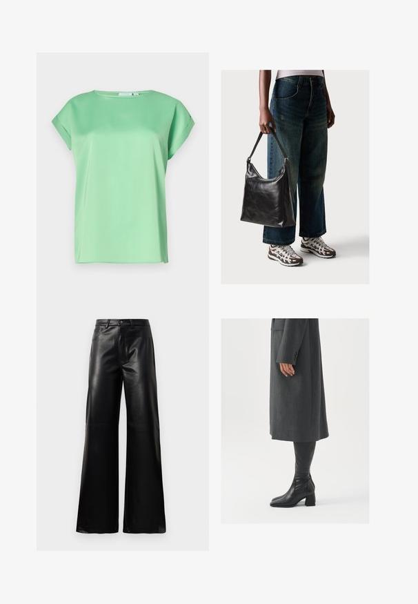 Menta zöld, rövid ujjú blúz kerek nyakkivágással és sima, könnyű anyagból. Laza fazonja és diszkrét oldalsó hasítékai vannak.; Fekete, magas derekú, széles lábú, műbőr nadrág elülső gombbal, cipzárral, övbújtatókkal és oldalsó zsebekkel, fehér háttérrel.; Szürke, szabott overál, egyenes vonallal; térd fölé érő fekete bőrcsizmákkal párosítva, négyzetes orral és vastag sarokkal.; Fekete bőr válltáska sima textúrával és állítható pánttal, melyet elnyűtt, bő szárú farmernadrággal és sportcipőkkel párosítottak.