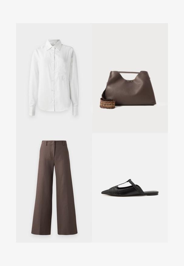 Witte langemouwen overhemd met knopen, gemaakt van gladde stof, heeft een puntige kraag, borstzak en knoopmanchetten voor een nette uitstraling.; Bruine hoge taille broek met wijde pijpen, gemaakt van een gladde stof; heeft een platte voorkant, riemlussen en verticale naden langs de benen.; Zwarte leren slingback schoen met een puntige neus, voorzien van een gevlochten accent en geplooid ontwerp aan de bovenkant. Platte zool met minimale hardware.; Bruine leren handtas met een gestructureerde afwerking, hoekig ontwerp en een kenmerkende bovenhandgreep. Beschikt over een gestreepte geweven riemdetail.