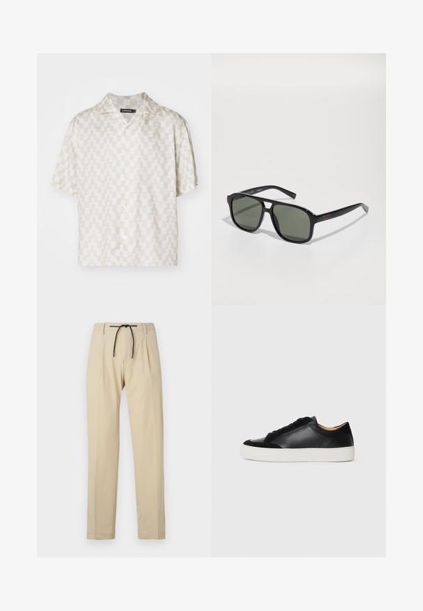 Trumpas rankovės marškinis su kreminiu ir smėlio geometriniu raštu, lengvas audinys, iškirptė su išpjova, ir penki mygtukai priekyje.; Bežinės kelnės su tiesiomis linijomis, turinčios raištelio juosmenį, klostuotą priekinę dalį ir lygią tekstūrą. Paprastas, universalus dizainas.; Juodas odinės sportbačiai su zomšos akcentais, apvaliu nosiu, plokščiu baltu guminio pado, ir kontrastingomis tekstūromis ant kūno ir raištelių.; Juodos stačiakampės saulės akinių su žaliais lęšiais, blizgus rėmelis, metalinės detals ir auksinė logotipo akcentas šventėje.
