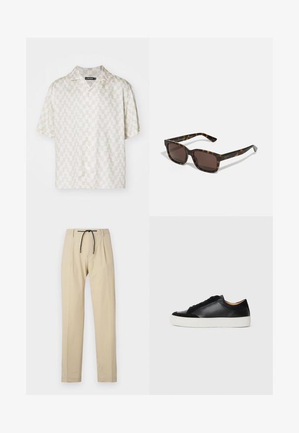 Korte mouwen shirt met een crème en beige geometrisch patroon, lichtgewicht stof, notch kraag en vijf knopen aan de voorkant.; Beige broek met een rechte pasvorm, voorzien van een verstelbare tailleband, geplooide voorkant en een soepele textuur. Eenvoudig, veelzijdig ontwerp.; Zwarte leren sneaker met suède accenten, ronde neus, platte witte rubberen zool en contrasterende texturen op de bovenkant en veters.; Gucci zonnebril met vierkante, schildpadachtige kunststof monturen en bruine lenzen. Voorzien van subtiele branding op de pijlen.