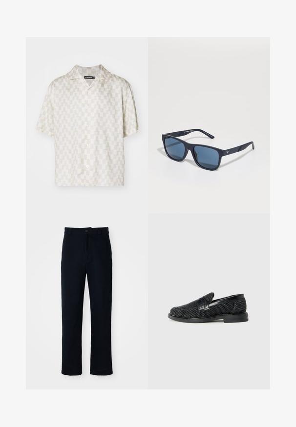 Short-sleeve shirt with a cream and beige geometric pattern, lightweight fabric, notch collar, and five buttons down the front.; Navy blue trousers made of cotton, featuring a straight-leg design, a front button closure, and classic waistband with belt loops.; Black woven slip-on shoe with a smooth leather accent on the upper, a round toe design, and a low-profile rubber sole.; Blue rectangular sunglasses with dark lenses, matte navy frame, logo detail on the temple, straight arms, and a solid, smooth texture.