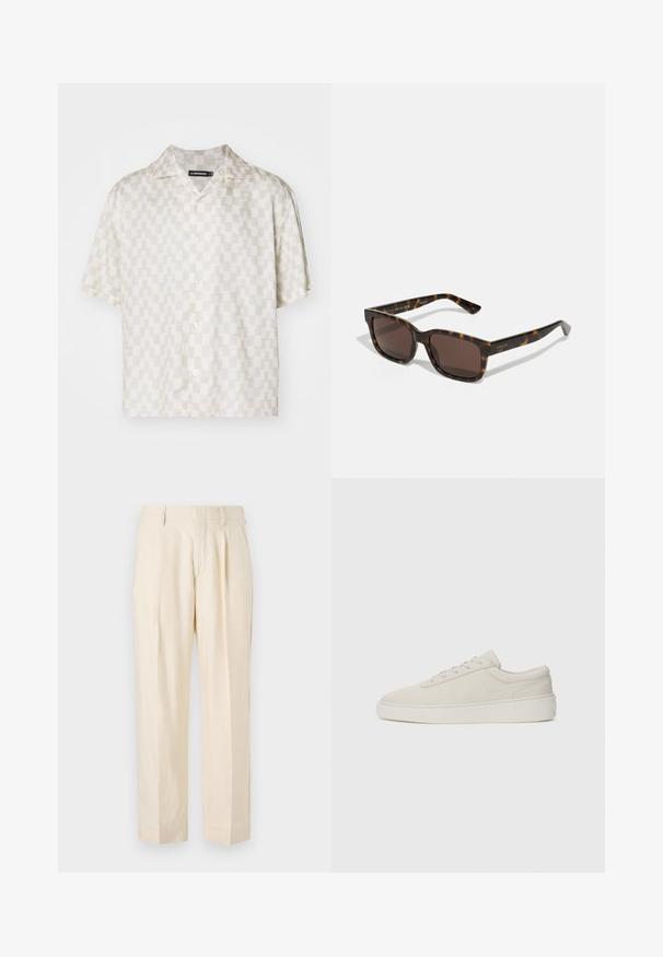 Kortermet skjorte med et kremfarget og beige geometrisk mønster, lett stoff, splittkrage og fem knapper foran.; NN.07 KAY - Bukse - off white; Beige joggesko med en glatt semsket finish, rund tå og flat gummisåle. Har snøring og minimalistisk design med subtil søm.; Gucci-solbriller med firkantede, skilpadde-skal plastikkrammer og brune linser. Har subtil merking på stengene.