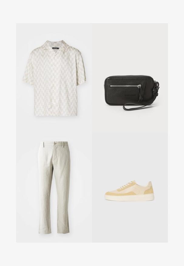 Kurzarmhemd mit einem creme- und beigen geometrischen Muster, aus leichtem Stoff, mit Schlitzkragen und fünf Knöpfen auf der Vorderseite.; Helle beige Leinenhosen mit geradem Schnitt, subtiler Textur, vorderer Knopfverschluss und zwei Seitentaschen. Maßgeschneidert für eine saubere Silhouette.; Sneaker aus hellgelbem Wildleder und Leder, mit gepolsteter Sohle und gestalteten Akzenten. Klassisches Schnürdesign mit runder Zehenform.; Schwarze Leder-Clutch mit strukturiertem Oberflächen, Vorderseite mit Reißverschlusstasche und abnehmbarem Handgelenkriemen. Fällt durch ein Logo-Patch auf der Vorderseite auf. Rechteckige Form.