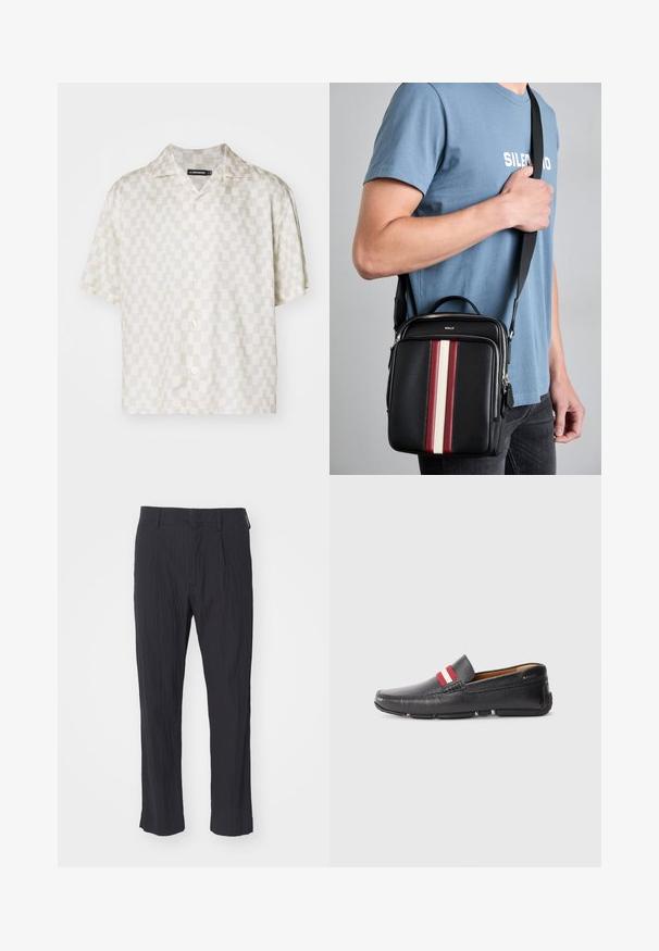 Cămașă cu mânecă scurtă, cu un model geometric în crem și bej, dintr-un material ușor, guler în formă de evantai și cinci nasturi pe față.; Pantaloni negri plisati dintr-un material texturat, cu un design pe picior drept și talie standard. Fără buzunare sau accesorii vizibile.; Pantof din piele neagră, slip-on, cu suprafață texturată, accent în dungi roșii și albe pe partea superioară, vârf rotunjit și talpă din cauciuc.; Geantă crossbody din piele neagră cu dungi verticale roșii, albe și bej. Dispune de un maner superior și o curea reglabilă. Închidere cu fermoar vizibil.