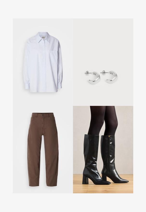 Světle modrá košile na knoflíky vyrobená z bavlny. Obsahuje špičatý límec, dlouhé rukávy a jednu kapsu na hrudi. Hladká textura.; Hnědé kalhoty rovného střihu s předním knoflíkem a zipem, poutky na opasek a bočními kapsami, vystavené na bílém pozadí.; Černé kožené boty nad kolena s lesklým povrchem, špičatou špičkou a silným podpatkem. Boční zip pro snadné obutí.; Stříbrné kruhové náušnice s hladkým, leštěným povrchem. Kulatý tvar s mírně zakřiveným designem a spojenými okraji. Uzávěr na kolík.