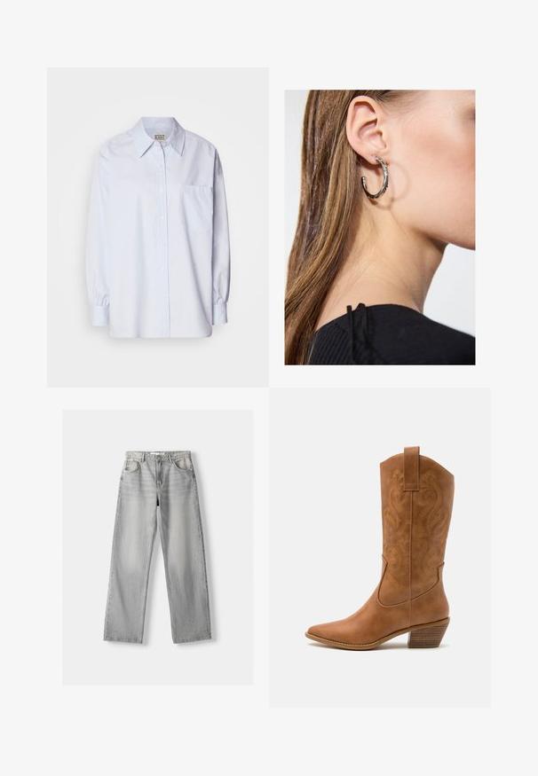 Chemise boutonnée bleu clair en coton. Dotée d'un col pointu, de manches longues et d'une poche poitrine unique. Texture lisse.; Jean en denim gris clair avec une coupe droite, dotée de deux poches avant, d'un bouton de fermeture et d'un léger délavage pour la texture.; Bottes de cow-boy en cuir tan avec un bout pointu, des motifs en spirale brodés sur la tige, et un talon bloc empilé. Équipées d'une languette pour un enfilage facile.; Boucle d'oreille en argent avec une finition polie, présentant de petits détails en or et de forme ronde, portée sur le lobe.