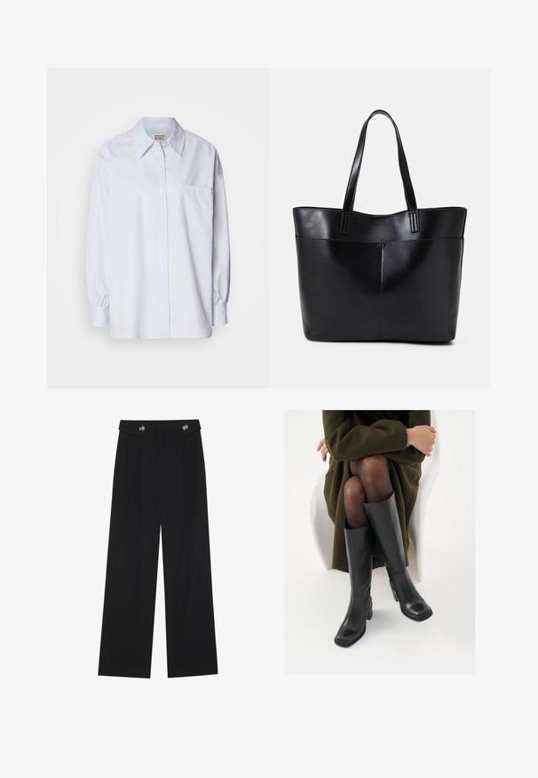 Šviesiai mėlynas džinsinis marškinis, pagamintas iš medvilnės. Turi smailų apykaklę, ilgomis rankovėmis ir vieną krūtinės kišenę. Lygi tekstūra.; Juodi plačios kojos kelnės su aukštu liemeniu, sagų detalėmis ant liemens ir priekinėmis raukšlėmis.; Juodos odinės pradžios ilgio bateliai su kvadratu formos nosimi ir bloko kulnu, demonstruojami su modeliu, sėdinčiu alyvuogių žalios spalvos švarku. Lygi tekstūra, minimalus puošimas.; Juoda odinė rankinė su dviem ilgais diržais, lygiu paviršiumi ir struktūrizuota forma. Yra priekinė kišenė papildomam saugojimui.