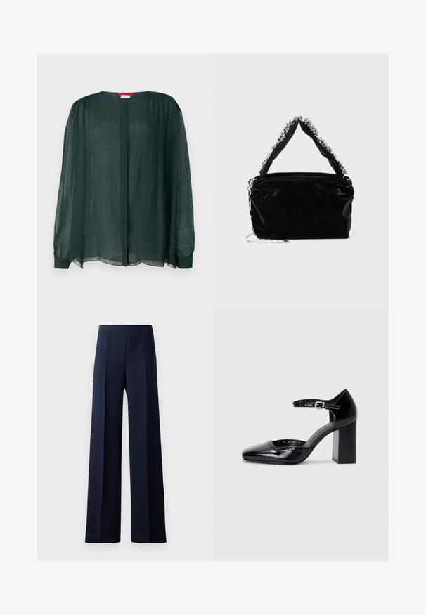 MAX&Co. SIGARO - Blouse - dunkelgruen; Wide-leg trousers in dark navy fabric, featuring a smooth texture, subtle front pleats, and a fitted waistband for a streamlined silhouette.; Black patent leather high-heeled shoes with a square toe, ankle strap, and a chunky heel. Includes perforated detailing along the rim.; Black faux leather handbag with a textured finish, featuring a beaded silver accent along the top handle and a chain strap.