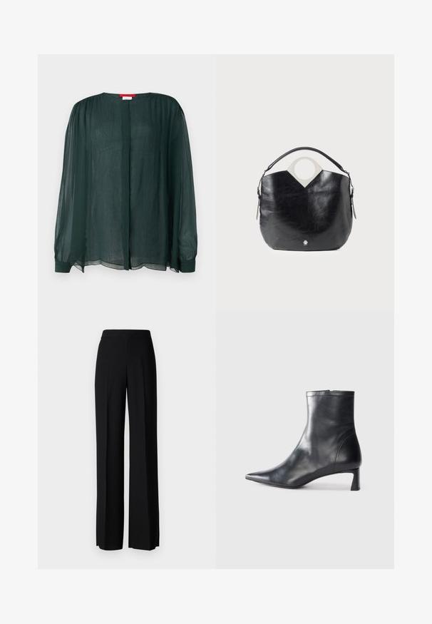 MAX&Co. SIGARO - Palaidinė - dunkelgruen; Juodi platūs kelnių kelnės su lygiu paviršiumi, turinčios aukštą liemenį ir centrinės raukšlės. Nėra matomų raštų ar metalinių detalių.; Juodas odinis kulkšninis batas su smailiu pirštu ir elegantišku dizainu. Turi žemą kulną ir užtrauktuką gale. Lygi tekstūra.; Juodas odinis krepšys su kreipta forma, apvalia viršutine rankena ir sidabriniu logotipu. Lygus paviršius ir akcentuota išpjovų dizaino detalė.