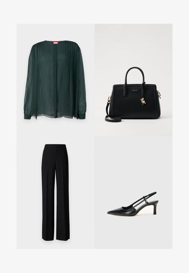 MAX&Co. SIGARO - Bluse - dunkelgruen; Sorte vide benbukser med en glat tekstur, der har en høj talje og centerfolder. Ingen synlige mønstre eller hardware detaljer.; Sorte patent slingback hæl med spids tå, prydet med tekstureret slangeskindsmønster, justerbar rem og en kort, tekstureret blokhæl.; Sort læder håndtaske med struktureret design, dobbelt top håndtag, aftageligt skulderrem, guld hardware og en logo charme accent.