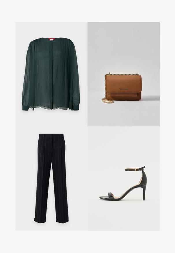 MAX&Co. SIGARO - Blouse - dunkelgruen; Black pinstriped trousers with a tailored fit, featuring a cuffed hem and front pleats. Made of smooth fabric with a structured design.; Black leather high-heeled sandal with an ankle strap. Features a smooth texture, open toe, and a thin heel. Gold-toned buckle detail.; Brown textured leather crossbody bag with gold chain strap and flap closure. Front features logo detail and a pocket under the flap.