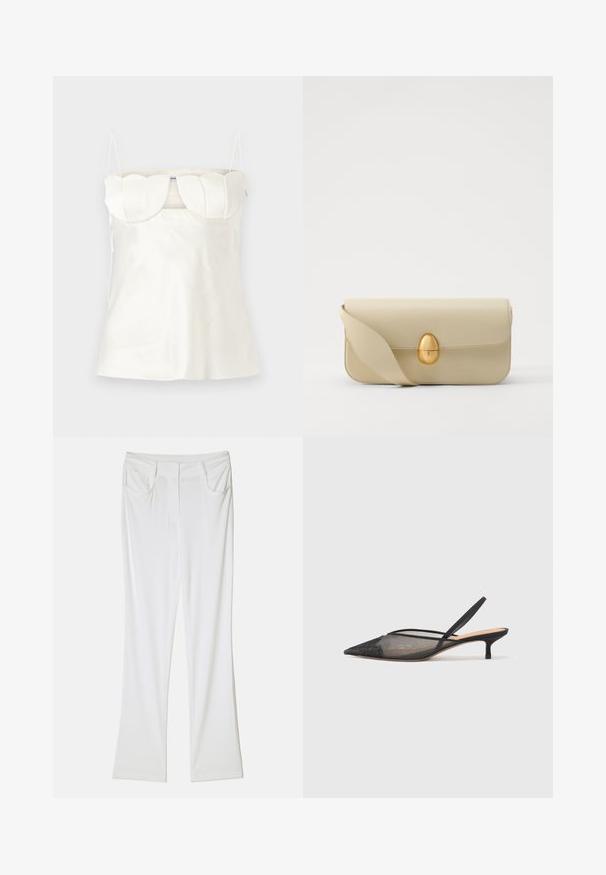Vitt satinbandeau med justerbara band, en strukturerad, scalloped byst och en rak fåll. Slät textur och minimalistisk design.; Vita utsvängda byxor med en slät tygtextur, med två framfickor och ett stitchat midjeband för en figursydd look.; NEOUS IRENA - Pumps - black; Beige läderhandväska med en slät yta, rektangulär form och en gyllene oval lås. Har en lång, justerbar rem.