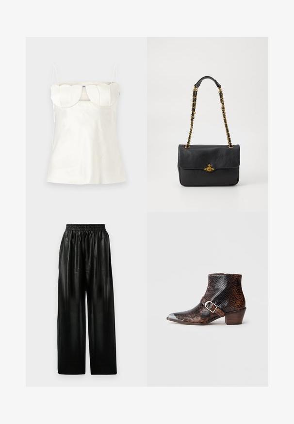 White satin camisole with adjustable straps, a structured, scalloped bust, and a straight hem. Smooth texture and minimalist design.; Black leather wide-leg pants with an elastic waistband, featuring two side pockets and a smooth, shiny texture.; Black and brown snake-print ankle boots with a silver toe cap, buckle accent, and a low wooden heel. Smooth texture, fitted design.; Black leather handbag with a fold-over flap, gold-tone chain strap, and logo hardware detail on the front. Smooth texture.; Gold-tone stud earrings featuring a Saturn design with a textured band and embedded circular crystals for added sparkle.