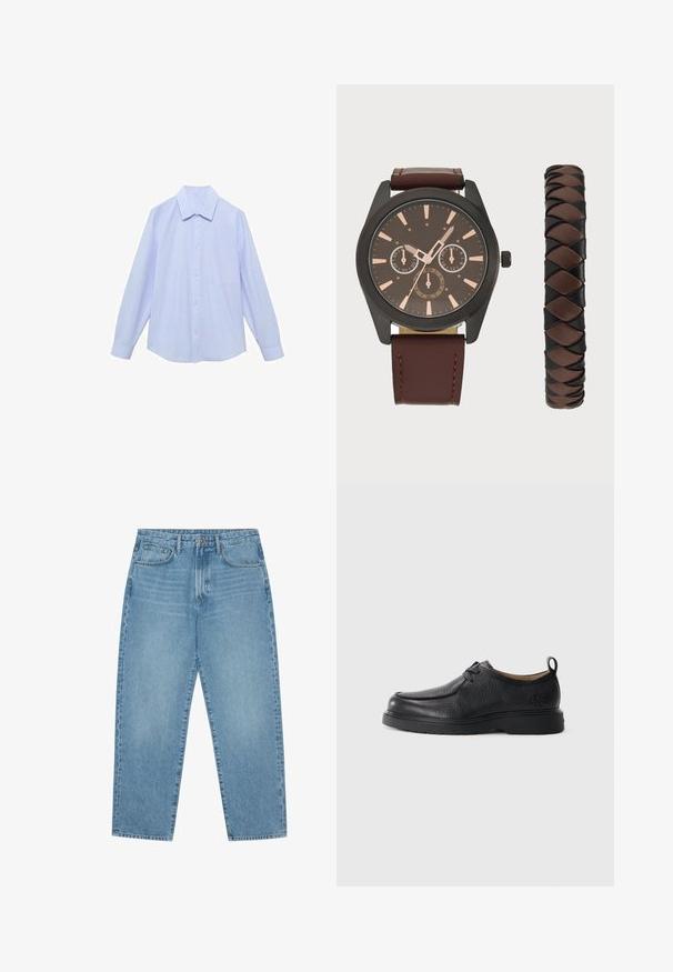 Lichtblauwe langearmige button-up shirt met witte verticale strepen, voorzien van een klassieke kraag en een enkele borstzak.; Lichtblauwe denim wijde jeans met een hoge taille, voorzien van vijf zakken, riemlusjes en een zachte, licht vervaagde textuur.; Zwarte lederen schoen met een gladde afwerking, ronde neus, subtiele stiksels, vetersluiting en een gegroefde trekband aan de achterkant.; Pier One SET - Horloge - black/brown