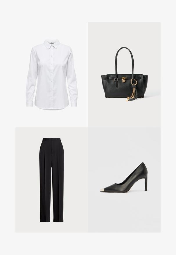 White button-up shirt with long sleeves, structured collar, and rounded hem. Made from a smooth, solid fabric with no visible patterns or accents.; Black tailored trousers with a high waist, featuring pleats at the front, a straight leg design, and a cuffed hem. Made from smooth fabric.; Black leather high heel shoe with a pointed toe and a metallic silver cap. Features a smooth finish and a slender 10 cm heel.; Black leather handbag with double handles, gold lock and chain detail, and black-and-white tassel accessory against white background.