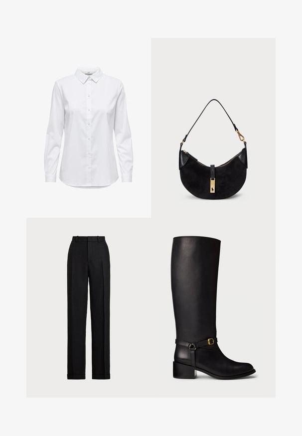 White button-up shirt with long sleeves, structured collar, and rounded hem. Made from a smooth, solid fabric with no visible patterns or accents.; Black, high-waisted trousers made of linen. Features a straight leg, pressed creases, and cuffs at the hem. No visible pockets or fasteners.; Black leather knee-high boot with low block heel and decorative strap featuring a small gold buckle on the ankle.; Black handbag with a curved shape, made of suede and leather, featuring a gold-tone zipper and a logo detail. Includes a short handle.