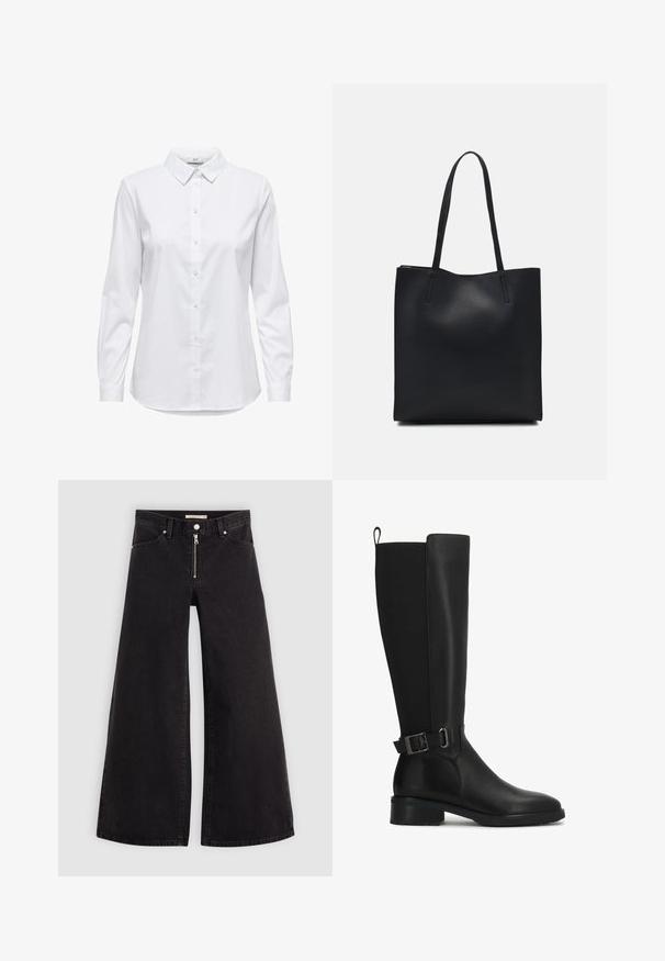 Camicia bianca con bottoni, maniche lunghe, colletto strutturato e orlo arrotondato. Realizzata in un tessuto liscio e uniforme, senza motivi visibili o dettagli.; Jeans a gamba larga in denim nero con chiusura a zip, design a cinque tasche e dettagli di cucitura sottili. Texture morbida e stile casual.; Stivali neri in pelle fino al ginocchio con una finitura liscia, punta rotonda e una cinturino decorativo con fibbia alla caviglia. Presentano un tacco basso a blocco.; Borsa tote in pelle nera con texture liscia, forma rettangolare e due manici lunghi. Nessun hardware o decorazione visibile.
