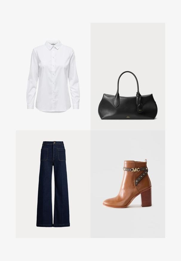 Camisa branca de botão com mangas longas, colarinho estruturado e bainha arredondada. Feita de um tecido liso, sólido, sem padrões ou detalhes visíveis.; Jeans de ganga escuros de perna larga com uma cintura alta, design de cinco bolsos e costura em contraste. Apresenta um fecho de botão e uma forma estruturada.; Bota de tornozelo em couro castanho com salto bloco empilhado, tira lateral com studs dourados e fivela com o logotipo "MK" dourado.; Saco de couro preto com textura suave, forma arredondada, duas alças e uma etiqueta pequena anexada. Logotipo da marca em dourado de forma discreta na parte da frente.