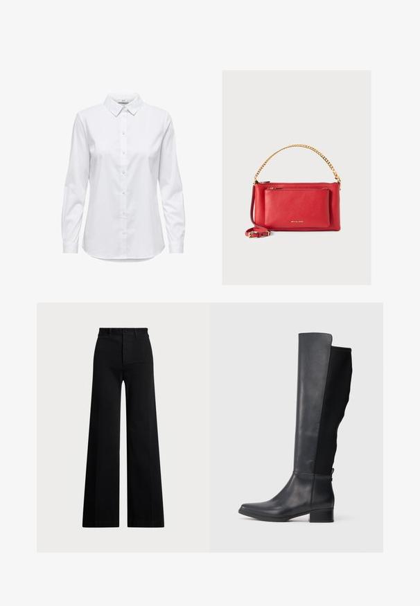 Hvit skjorte med lange ermer, strukturert krage og rund nederkant. Laget av et glatt, ensfarget stoff uten synlige mønstre eller detaljer.; Svart brede benbukser laget av vevd stoff, med høy midje, frontlukking med knapp og sidelommer. Glatt tekstur med rene linjer.; Høy svart lær- og stoffstøvel med lav blokkheel og rund tå, vist i sideprofil på hvit bakgrunn.; Rød skinnveske med teksturert overflate, gullkjede og stropp, glidelål-lomme foran og preget logo. Kompakt og strukturert design.