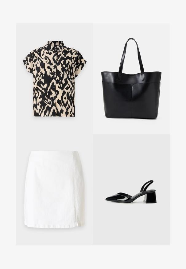 Īsām piedurkņu, pogājamā krekls melnbaltā leoparda rakstā. Iespējas ar apkakles apkakli un divām krūšu kabatām.; Balta denima mini svārki ar taisnu griezumu, ar nelielu sānu iegriezumu un tīram šuvēm minimalisma dizainam.; Melna lakota āda ar atvērto papēdi, ar smailu purngalu un ģeometrisku blokpapēdi. Iezīmējas elegants, minimāls dizains un gluda tekstūra.; Melnas ādas iepirkumu soma ar divām garām rokturām, gludu tekstūru un strukturētu formu. Iekļauj priekšējo kabatu papildu uzglabāšanai.