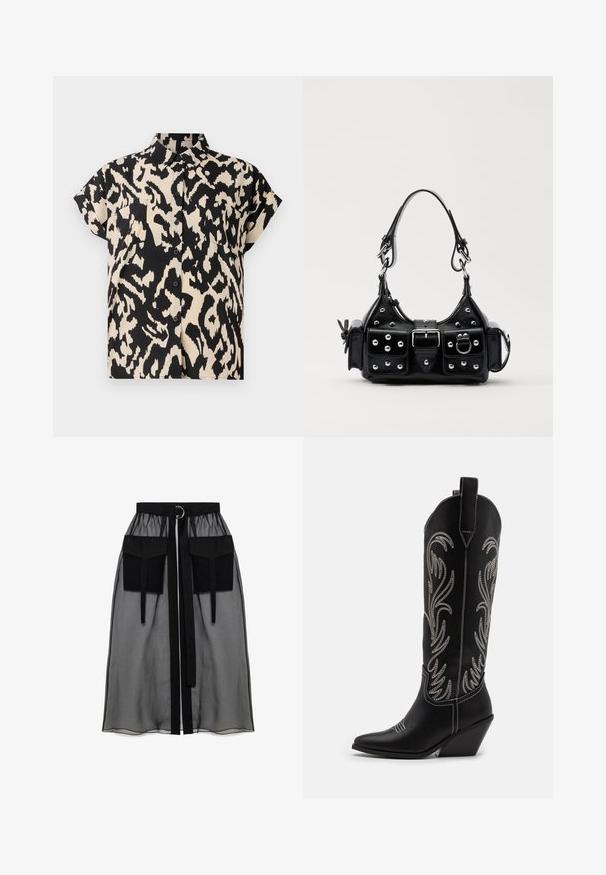 Trumpas rankovėmis, mygtukais užsegamas marškiniai juodai kreminiu leopardu raštu. Turi apykaklės kaklą ir dvi krūtinės kišenes.; Juoda permatoma sijonas su surinkta liemene, dviem didelėm priekinėm kišenėm, liemens raišteliu ir apvaliu metaliniu akcentu.; Juodi oda kaubojiški batai su smailiu nosiu, stulpeliu ir sidabriniais siuvinėti gėlių raštais palei šoną. Kontrastingas siuvinėjimas visoje bato dalyje.; Juodas odinis rankinukas su kreiviu dizainu, su sidabro spalvos knopkėmis, užsegimu ir dviem šoninėmis kišenėmis. Reguliuojama dirželis nešimui.