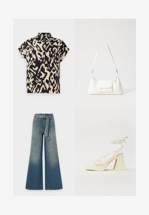 Short-sleeve, button-up shirt in a black and cream leopard print pattern. Features a collared neckline and two chest pockets.; Wide-leg denim trousers featuring a light to dark blue gradient, high waist, belt loops, and a matching fabric belt. Textured denim finish.; White high-heeled sandal with a chunky heel, featuring a strappy design and ankle tie. Smooth texture with a platform front for added height.; White synthetic handbag with a triangular shape, flat front flap and bow detail, adjustable strap, smooth texture, and minimalistic design.