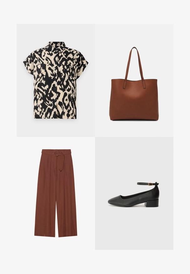 Rövid ujjú, gombos ing fekete és krém színű leopárdmintázattal. Pólónyakkal és két mellzsebbel rendelkezik.; Barna anyagból készült, széles szárú nadrág, négyzet alakú csattal ellátott övvel, redők kialakítással és sima textúrával.; Fekete bőr magassarkú cipő hegyes orral és alacsony tömb sarkal. Bokapánttal rendelkezik, aranyszínű csattal. Simább textúra.; Barna bőr vászontáska sima textúrával, nyitott tetejű dizájnnal és két vállpánttal. Minimális varrással és látható hardver nélkül készült.