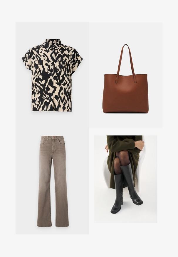 Camisa de manga curta, com botão, em padrão de pele de leopardo preto e creme. Apresenta um decote com colarinho e dois bolsos no peito.; Jeans castanhos de cintura alta, de perna reta, com botão frontal, passantes para cinto e design clássico de cinco bolsos em fundo branco.; Botas de couro pretas até ao joelho com biqueira quadrada e salto em bloco, apresentadas com um modelo sentado num casaco verde-azeitona. Textura lisa, com detalhes mínimos.; Bolsa tote de couro castanho com uma textura suave, design de abertura superior e duas alças para o ombro. Apresenta costura mínima e sem hardware visível.