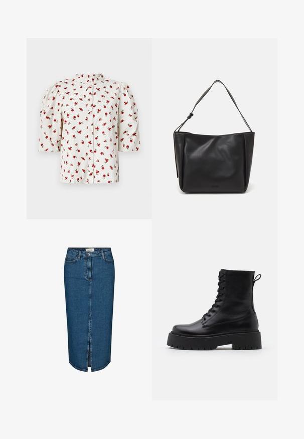 Blusa bianca a maniche corte con bottoni sul davanti, caratterizzata da un motivo floreale di rose rosse e foglie verdi; presenta maniche a palloncino per maggiore volume.; Gonna a tubino in denim blu scuro, con uno spacco frontale, cinque tasche e cuciture a contrasto. Vita medio-alta con un design classico.; Stivaletti in pelle nera alla caviglia con punta rotonda, lace-up frontale e suola in gomma spessa con battistrada textured. Tassello sul retro.; Calvin Klein GRACIE MEDIUM - Borsa a mano - black; Orecchini a cerchio in argento con un design minimalista. Forma circolare, superficie liscia e profilo sottile. Leggeri con una finitura lucida.