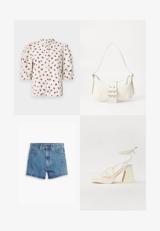 Biely krátky rukávový blúz s gombíkovým zapínaním, zdobený kvetinovým vzorom červených ruží a zelených listov; má nafúknuté rukávy pre pridanie objemu.; Džínové šortky v svetlo modrej farbe, s piatimi vreckami, zipsom a zapínaním na gombík. Spodný lem je rozstrapkaný s voľným strihom.; Biele sandále na vysokom opätku s hrubým podpätkom, s pruhovaným dizajnom a viazaním na členku. Hladký povrch s platformou vpredu pre zvýšenú výšku.; Biela taška cez rameno s textúrovaným povrchom, centrálnou prackou a zakriveným tvarom. Zipsy na oboch stranách.