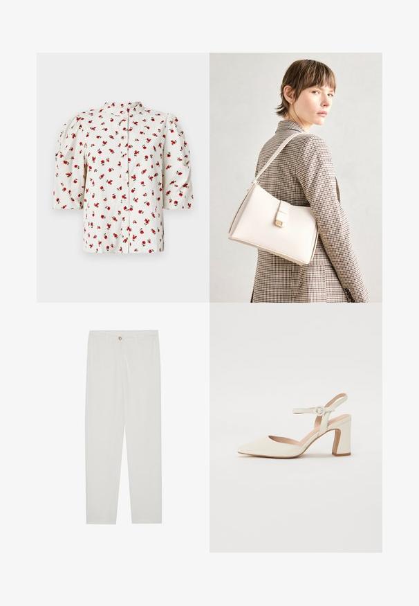 Valge lühikeste varrukatega pluus nupuvajutusega esiosas, millel on punaste rooside ja roheliste lehtede lillemuster; lisatud mahukuse jaoks on puffvarrukad.; Valged kohandatud püksid sirge lõikega, varustatud nupuga kinnitusega, vöödega ja küljetaskutega; sile kangatekstuur.; Koonus-peat, kreemjas värvitoonis säärisega king, millel on plokkkonts. Omab õhukest pahkluu rihma ümmarguse pandlaga ja sujuvat nahastruktuuri.; Valge nahast käekott struktureeritud disainiga, millel on magnetlukk ja õlavarre rihm, esitletud neutraalse tausta ees.