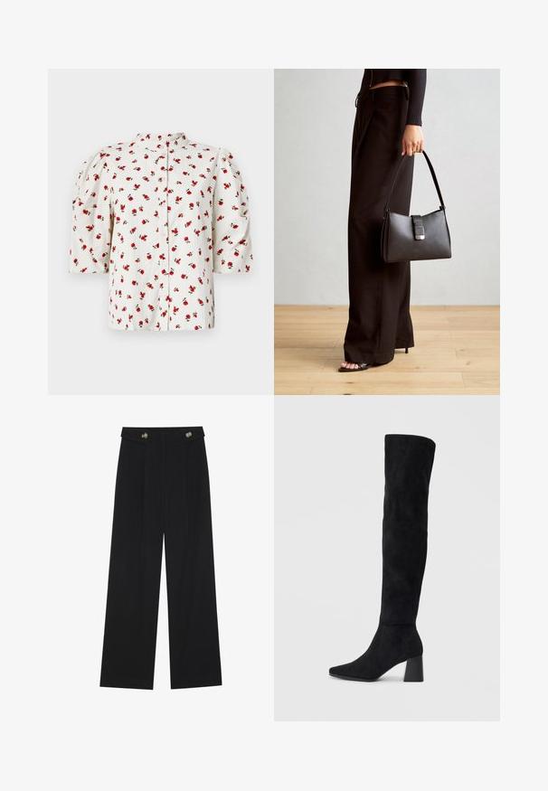 Valkoinen lyhythihainen paita nappisuljennalla, jossa on punaisista ruusuista ja vihreistä lehdistä koostuva kukkakuosi; puffihihat lisäävät volyymia.; Mustat leveälahkeiset housut, joissa on korkea vyötärö, napit vyötärönauhassa ja etupuolella laskokset.; Musta samettinen polvipitkä saapas, jossa on lohkarekorko, terävä nilkka ja sileä, saumatonta muotoilua tasaisella vaalealla taustalla.; Musta käsilaukku, jossa on rakenteellinen muoto, sileä pinta ja metallinen solki. Yhdistetty leveisiin mustiin housuihin ja avonaiheisiin sandaaleihin puulattialla.