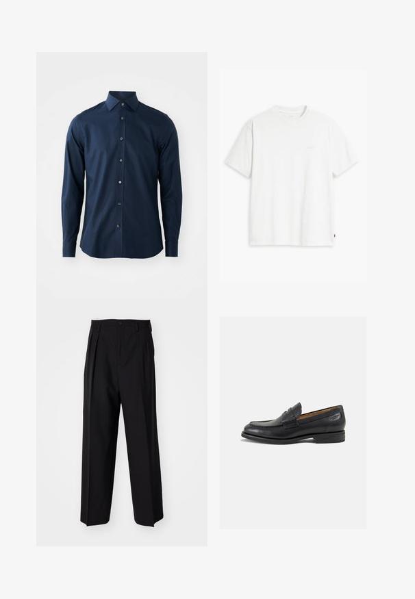 Navyblauwe langermige overhemden voor mannen met knoopsluiting en puntkraag tegen een effen witte achtergrond.; Witte katoenen T-shirt met korte mouwen, ronde hals en subtiele Levi's logo gedrukt in het midden. Zachte textuur en standaard pasvorm.; Zwarte geplooide broeken met een rechte, brede pijpontwerp. Gemaakt van soepele stof, met een knoopsluiting en riemlussen.; Zwarte leren loafers met een gladde afwerking, ronde neus en decoratieve stiksels op de wreef. Lage gestapelde hak en een lichte glans.