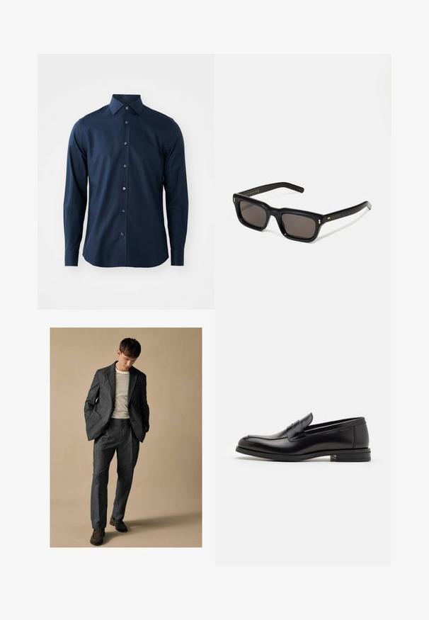 Tumesinine pika varrukaga meeste organisasioonisärk, millel on nööbid ees ja terav krae, valge tausta ees.; Hall kombineeritud hall ülikond, millel on kergelt sisselõigatud krae ja ees taskud, koos triibulise särgiga. Pükstel on mugav istuvus ja pressitud voldid. Pruunid kingad.; Mustad mustad nahast loafers sileda tekstuuriga, ümarat ninaosa ja dekoratiivne riba vampi üle. Madal kihiline konts, minimalistlik disain.; Mustad mustakorruselised prillid tumedate läätsedega, paks plastikraam, kuldsed aksendid templites ning kaubamärgi logo graveeritud käe lilla.