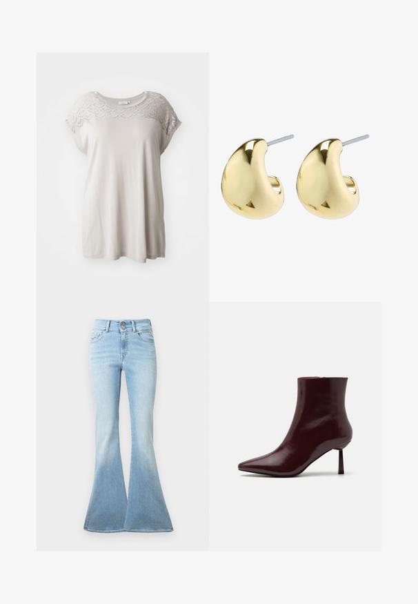 Heled beezivärvi lühikeste varrukatega t-särk tekstuurse, mustriga õlavarreosa. Pehme kangas, mugav lõige ja ümmargune kaelus. Ilma täiendavate aksessuaarideta.; Heledad sinine flared teksapüksid, valmistatud denimist. Omavad kõrget vööd kahe nupuga ja kerget tuhmumist allääre suunal. Klassikaline viie tasku disain.; Burgundi patendnahast pahklu saapad terava ninaga ja slim stilettokanna, millel on sile ja läikiv tekstuur ning minimalistlik disain.; Kuldse värviga kõrvarõngad, millel on siledad ja ümarad kujundid, peegeldav pind ning tagumine kinnitus, mis tagab kindla kandmise.