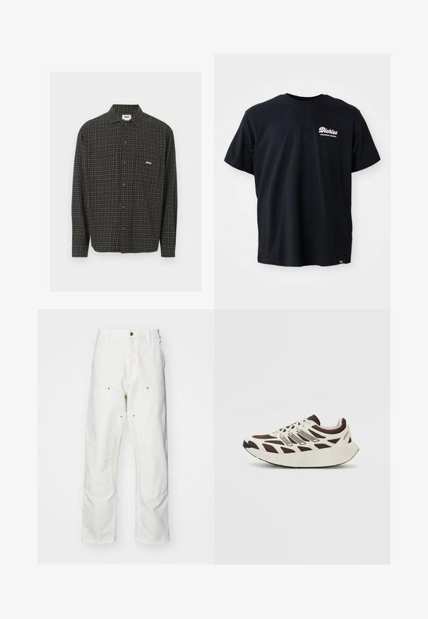 Groen en zwart geruite overhemden met lange mouwen, twee borstzakken en een klein wit logo aan de linkerkant.; Zwarte katoenen t-shirt met korte mouwen, ronde halslijn en een roze logo op de linkerkant van de borst. Bevat een label op de linker onderzoom.; Witte katoenen cargobroeken met een relaxte pasvorm. Kenmerken zijn onder andere voorzakken, gouden hardware accenten en versterkte kniezones.; Bruine en crème sneaker met een mesh bovenwerk, textuur overlays en een ronde, dikke witte zool. Bevat een low-profile tong en veters.