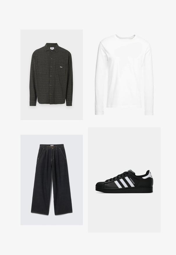 Green and black checked button-up shirt with long sleeves, two chest pockets, and a small white logo on the left side.; Long-sleeve white t-shirt made of soft cotton. Crew neckline with straight cut hems and no visible patterns or graphics.; Dark blue wide-leg jeans with front pleats, slanted pockets, belt loops, and a button closure at the waistband labeled "WEEKDAY."; Black Adidas Superstar sneaker with white stripes, shell toe, and "Superstar" text on side, shown in side profile on white background.