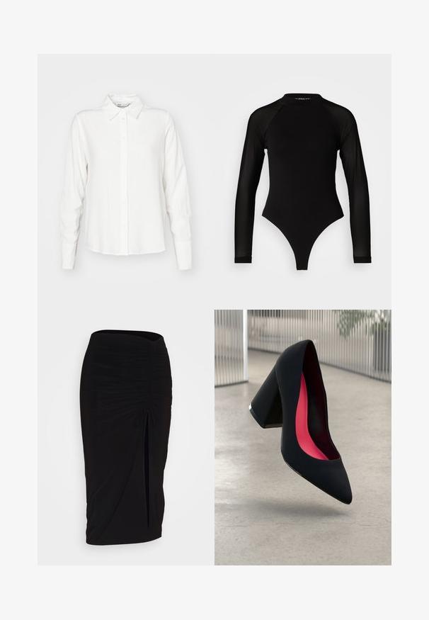 Biała, długi rękaw, koszula z guzikami z kołnierzykiem, wykonana z gładkiego materiału; charakteryzuje się prostym krojem i subtelną fakturą.; Czarny body z długim rękawem i wysokim dekoltem, wykonane z gładkiego materiału na torsie oraz przejrzystych siateczkowych rękawach, zaprojektowane w dopasowanym kształcie.; Czarna, marszczona spódnica typu ołówkowego z węzłem i bocznym rozcięciem. Wykonana z elastycznego materiału, o gładkiej fakturze i dopasowanym kroju.; Czarna szpilka o spiczastym nosie, z teksturowaną powierzchnią i intensywnie różowym wnętrzem. Posiada masywny obcas z srebrnym akcentem.