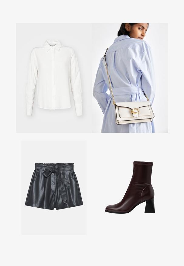 Weißes, langärmliges Hemd mit Knopfleiste und Kragen, aus glattem Stoff gefertigt; zeichnet sich durch einen geraden Schnitt und eine subtile Textur aus.; Schwarze Lederbermudas mit hoher Taille, elastischem Bund, abnehmbarem Bindegürtel und glatter Textur. Mit flacher Vorderseite und seitlichen Taschen.; Stradivarius BLOCK - Stiefelette - dark red; Weiße Lederhandtasche mit goldenen Beschlägen, einer Klappe an der Vorderseite und schwarzem Rand, ausgestattet mit einer Kettenriemen, der quer über den Körper getragen wird, kombiniert mit einem hellblauen Hemd.