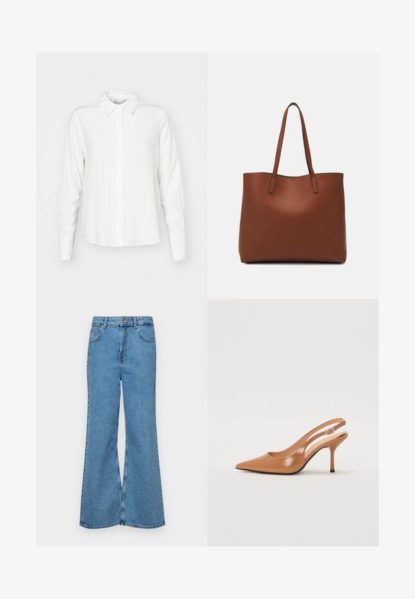 Cămașă albă cu mâneci lungi, cu guler, realizată dintr-un material neted; are un croi drept și o textură subtilă.; Jeanși evazați de culoare albastru deschis, din denim, cu talie înaltă, cinci buzunare și închidere cu un singur buton. Textură moale cu un finisaj decolorat.; Pantofii cu toc slingback, cu vârful ascuțit, dintr-un material tan neted și strălucitor. Prezintă un design cu decupaj curbat și un toc subțire stil stiletto. Detaliu cu cataramă argintie.; Geantă de umăr din piele maro cu o textură netedă, design cu vârf deschis și două curele pentru umăr. Prezintă cusături minime și fără componente metalice vizibile.