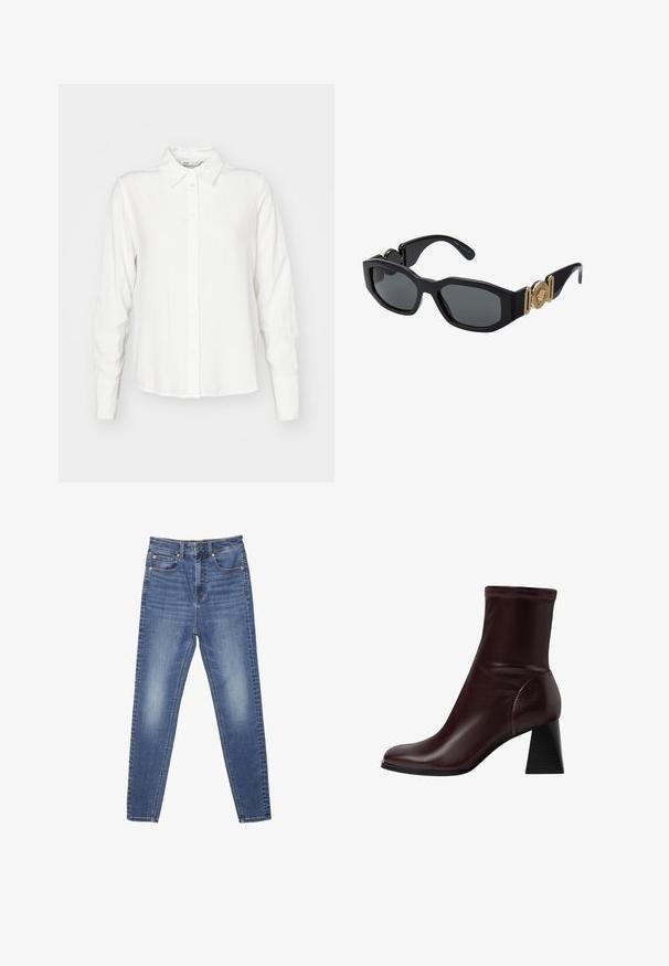 Bílá košile s dlouhým rukávem a límečkem, vyrobená z hladké látky; má rovný střih a jemnou strukturu.; Modré džínové kalhoty se rovnou nohavicemi, pěti kapsami a viditelným šitím. Tkanina má vybledlou strukturu s hladkým povrchem.; Stradivarius BLOCK - Kotníkové boty - dark red; Černé sluneční brýle s robustním geometrickým rámem, tmavými skly a zlatými kovovými detaily na spáncích, které mají kulatou emblémovou ozdobu.; Bílá kožená kabelka se zlatou kovovou sponou, přední klopou a černými okraji, s řetízkem, který se nosí křížem přes tělo, na světle modrém tričku.