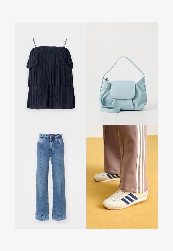 Navy blue pleated top with layered design, thin straps, and soft texture. Each layer features vertical pleats, creating depth and movement.; Light blue denim wide-leg jeans with a high waist, featuring front pockets and stitched detailing. The hem is rolled and sewn.; Cream sneakers with blue suede stripes, white laces, and a rubber sole. Paired with gray sweatpants featuring white side stripes.; Light blue leather handbag with a top handle, front flap pocket, and detachable wrist strap on a white background.