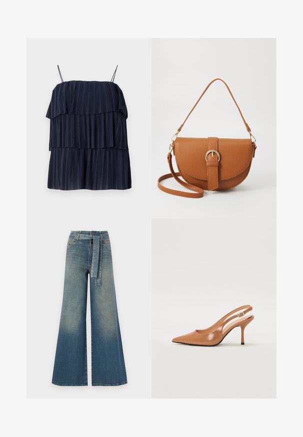 Marineblauw geplooid top met gelaagd ontwerp, dunne bandjes en zachte textuur. Elke laag heeft verticale plooien, waardoor diepte en beweging ontstaan.; Wijduitlopende denim broek met een lichte naar donkere blauwe gradient, hoge taille, riemlussen en een bijpassende stoffen riem. Gestructureerde denimafwerking.; Puntige slingback hak in een glad, glanzend beige materiaal. Bevat een gebogen uitsnijdontwerp en een slanke stiletto hak. Zilveren gesp detail.; Bruine leren schoudertas met een gebogen vorm, gouden hardware en een gespaccent. Bevat een afneembare schouderriem.