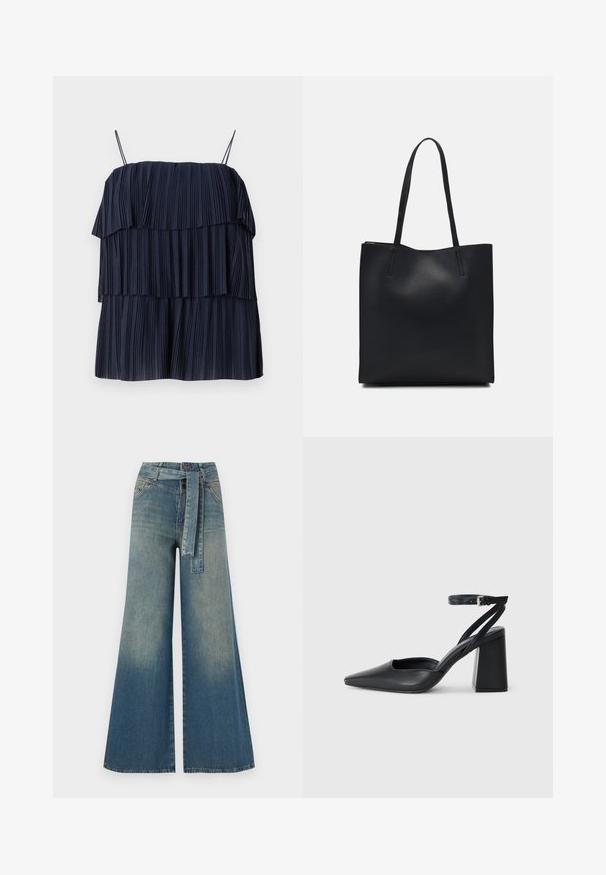 Top plisado de color azul marino con diseño en capas, tirantes finos y textura suave. Cada capa presenta pliegues verticales, creando profundidad y movimiento.; Pantalones de mezclilla de pierna ancha con un degradado de azul claro a oscuro, cintura alta, trabillas para cinturón y un cinturón de tela a juego. Acabado de mezclilla texturizada.; Zapato de tacón puntiagudo de cuero negro con tira en el tobillo y tacón ancho. Textura plana, diseño elegante y estética minimalista.; Bolso tote de cuero negro con textura lisa, forma rectangular y dos asas largas. Sin herrajes ni adornos visibles.