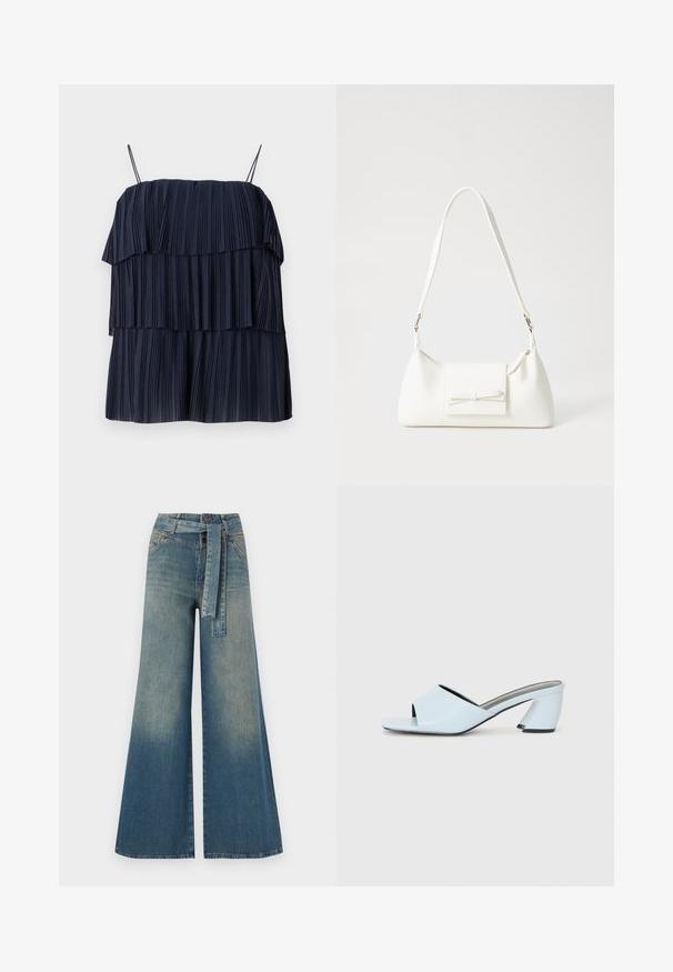 Marinblå topp med plisseringer og lagdelt design, tynne stropper og myk tekstur. Hvert lag har vertikale plisseringer, som gir dybde og bevegelse.; Bredde ben jeans med en lyseblå til mørkeblå gradient, høyt liv, beltehemper og et matchende belte i samme stoff. Teksturert denimoverflate.; Lyseblå åpne tå hæl mules med geometrisk design, med en bred stropp over foten og en fyldig, vinklet hæl.; Hvit syntetisk håndveske med trekantet form, flat klaff foran og sløyfe detaljer, justerbar stropp, glatt tekstur og minimalistisk design.