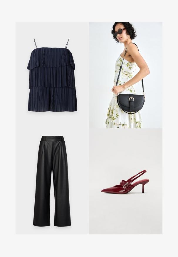 Marineblå plisseret top med lagdelt design, tynde stropper og blød tekstur. Hvert lag har lodrette plisseringer, der skaber dybde og bevægelse.; Sorte, vide bukser lavet af læder, med høj talje, plisseringer og to runde knapper foran til lukning.; Røde patenteret læder slingback hæle med spids tå, to spændebånd og en slank, mellemhøj stiletto hæl. Glat tekstur.; Sort læderhåndtaske med en buet form, aftagelig rem og guldfinish. Tasken har en klap med en spænde detalje.