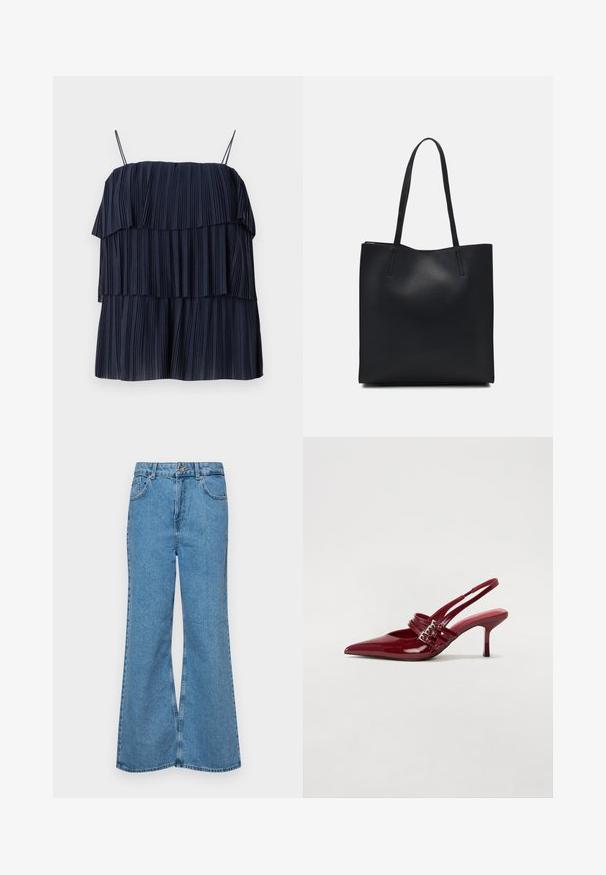 Haut plissé bleu marine avec un design en couches, des bretelles fines et une texture douce. Chaque couche présente des plis verticaux, créant de la profondeur et du mouvement.; Jean flare bleu clair en denim, avec une taille haute, cinq poches et une fermeture à un bouton. Texture douce avec une finition décolorée.; Escarpins slingback en cuir verni rouge avec un bout pointu, deux brides à boucle et un talon aiguette slim de hauteur intermédiaire. Texture lisse.; Sac fourre-tout en cuir noir avec une texture lisse, de forme rectangulaire et deux longues poignées. Pas de matériel ou d'ornementations visibles.